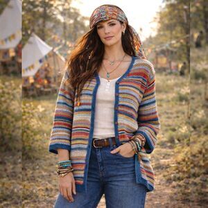 NWT JM Collection Crochet Cardigan 3X Boho Festival  Knit Multi Stripe Sweater